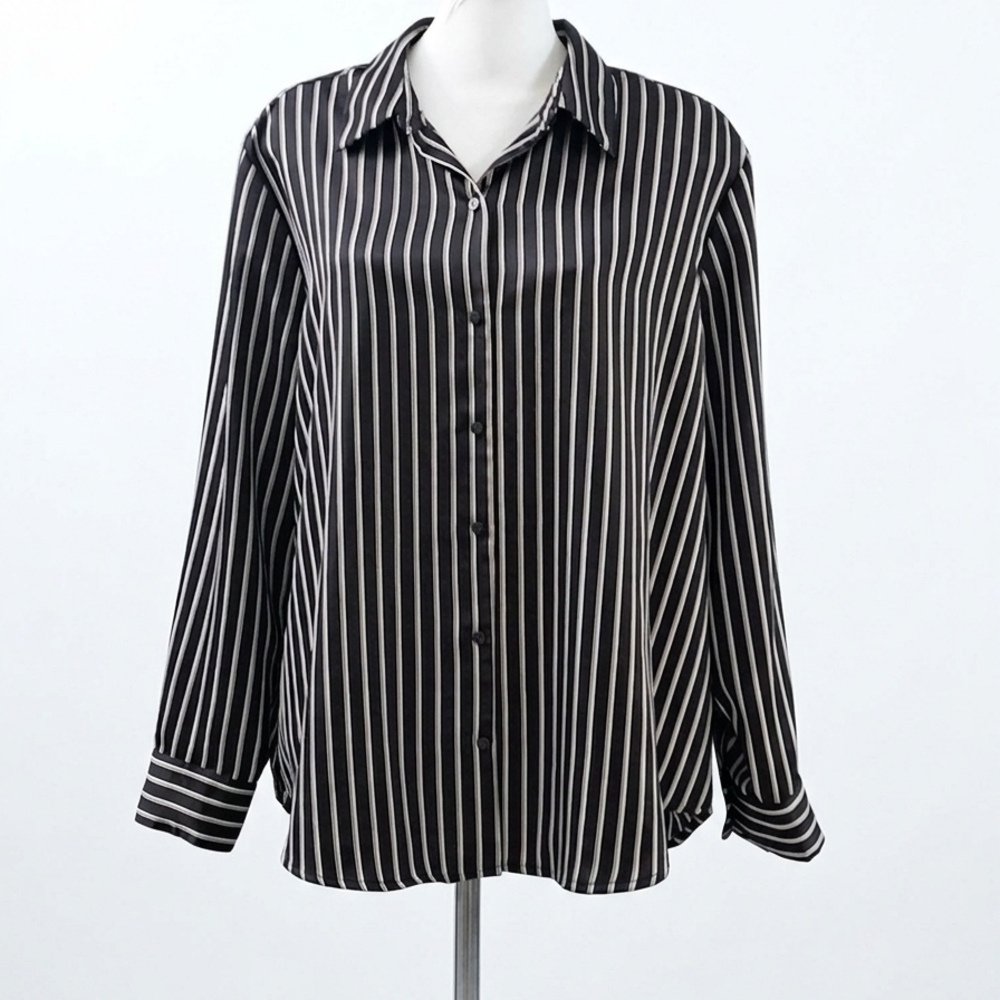 2/$15 Old Navy Black and White Striped Button-Down Blouse - Picture 2 of 4